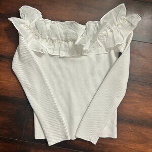 White Off-the-Shoulder Knit Top with Ruffle & Pearls Size Small